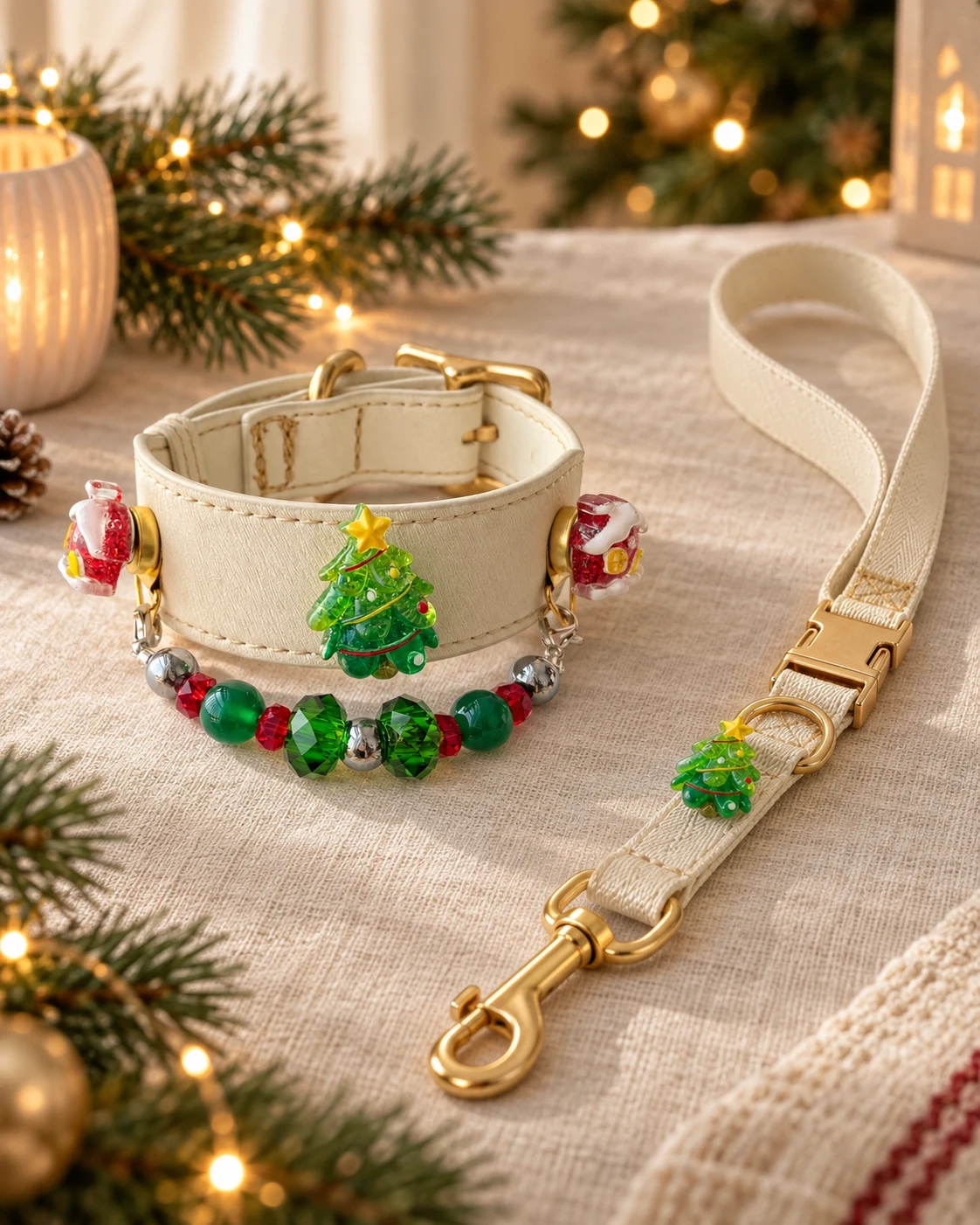 Tree & Cottage Christmas collar in Ivory