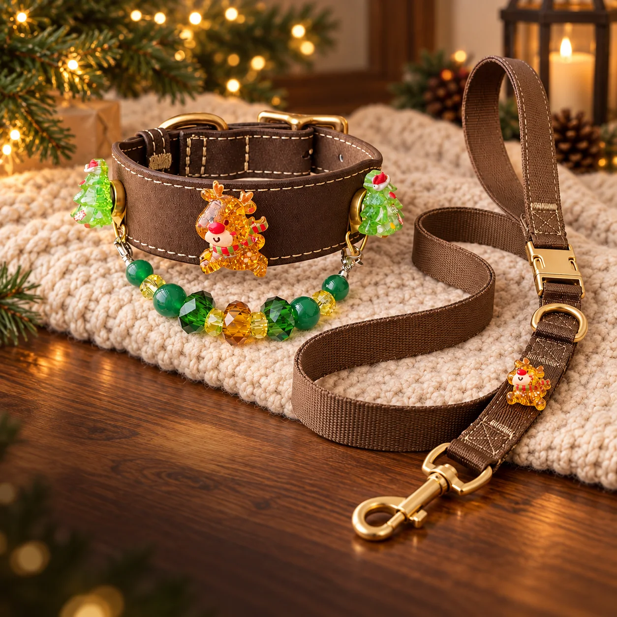 Brown Christmas collar with its matching woven leash in a warm festive setting
