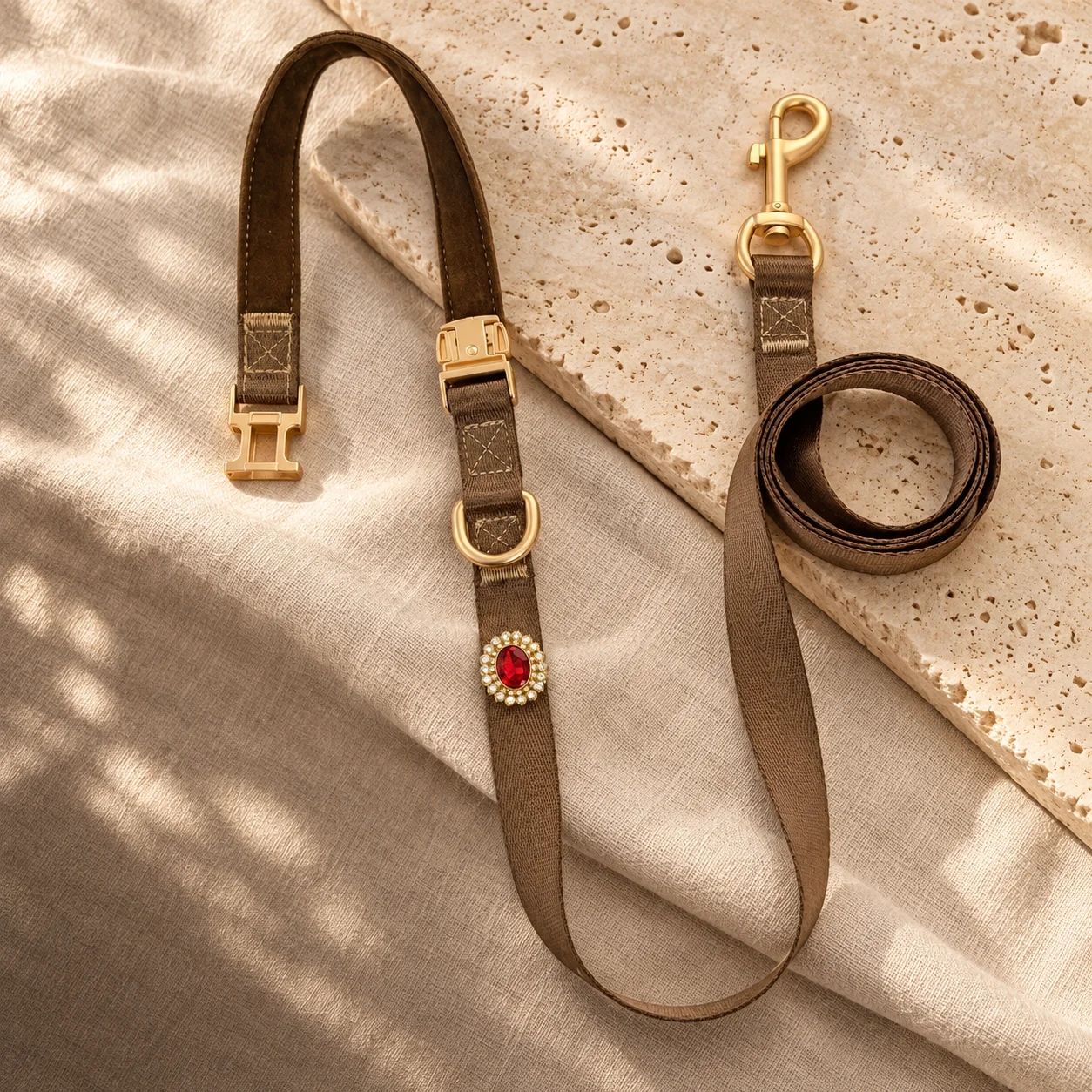 Brown woven matching leash with gold hardware